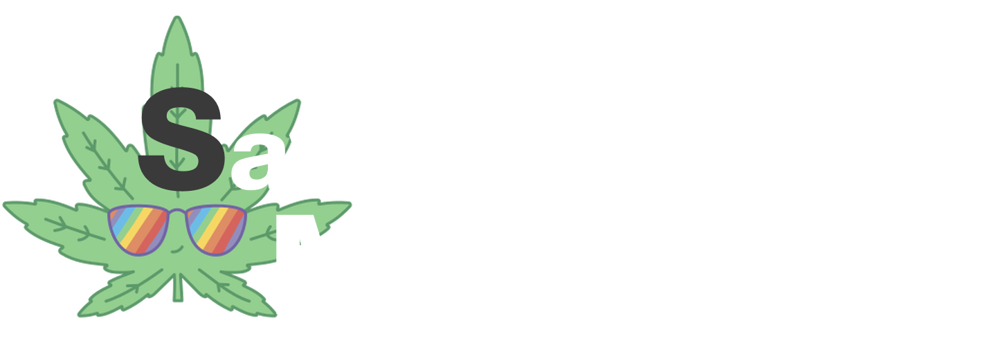 Logo con el nombre de la web y Hoja de la planta del cannabis con gafas de sol arcoiris